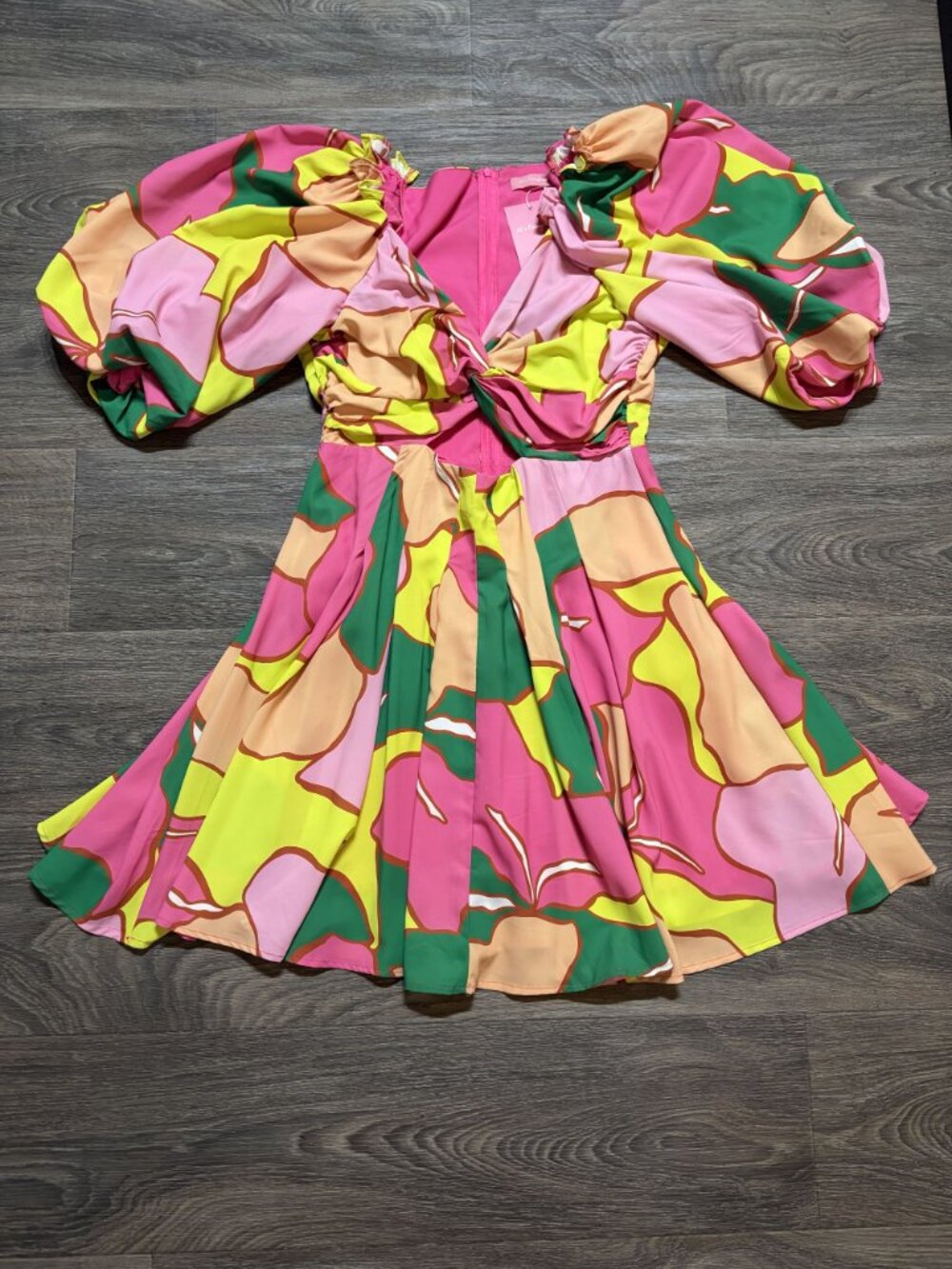 JJs Fairyland Multicolor Puff Sleeve Dress Medium Floral Cutout Maximalism 70s